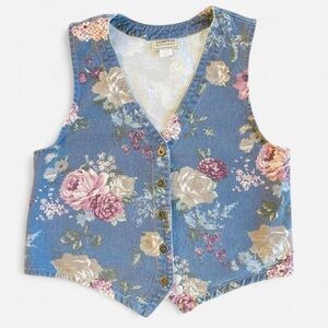 Vintage Stampede Denim Button Front Vest with Floral Design